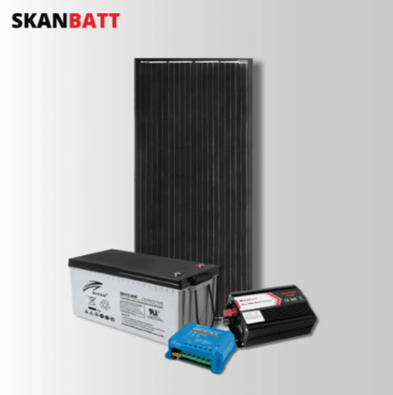 SKANBATT Kraftpakke - 12V / 200Ah AGM / 300W inverter / 220W Rammepanel