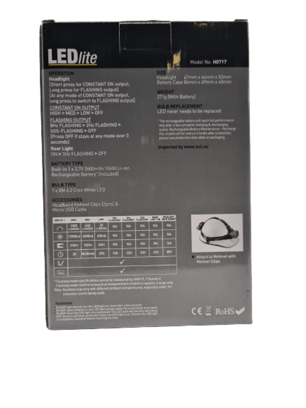 LEDlite Hodelykt 1000 Lm 3.7V oppladbar