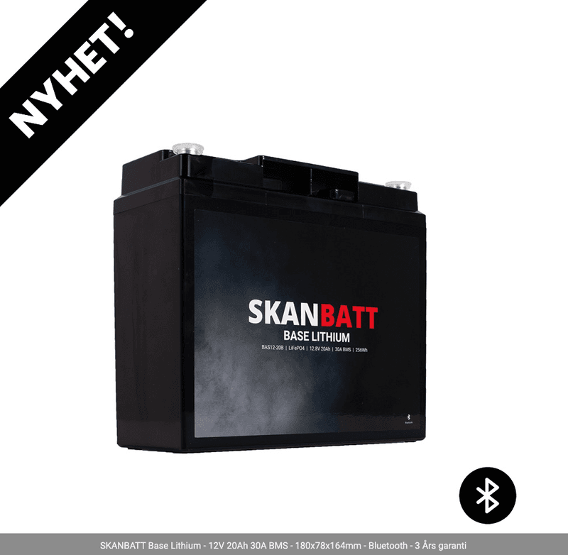 SKANBATT Base Lithium - 12V 20Ah 30A BMS - 180x78x164mm - Bluetooth - 3 Års garanti